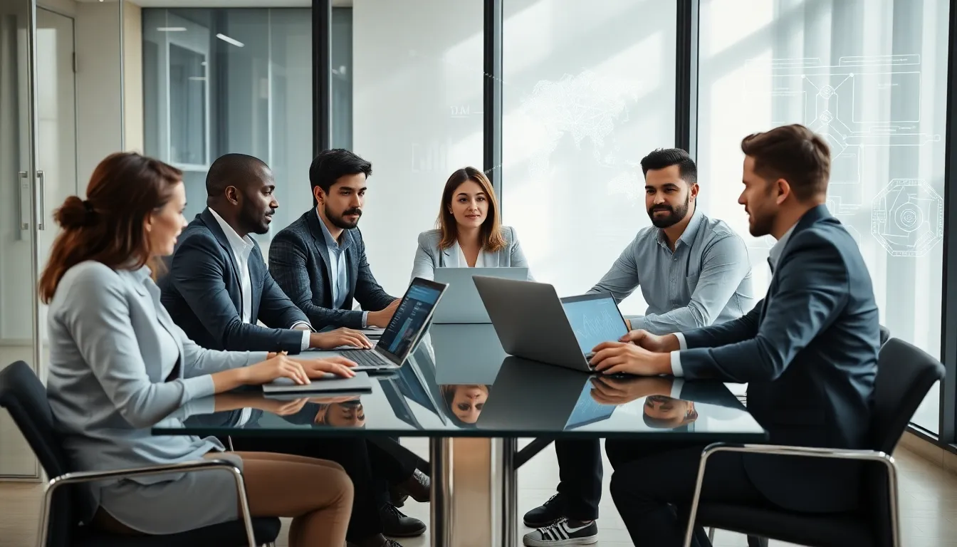 professionals discussing artificial intelligence in a modern office setting.